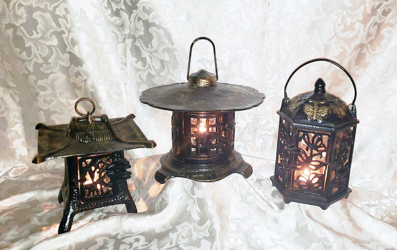 3 Japanese Cast Iron Lanterns Lamps Hanging Garden Candle Holders 3 Pagoda Styles Refurbished & Restored Glossy Black w/Golden Highlights