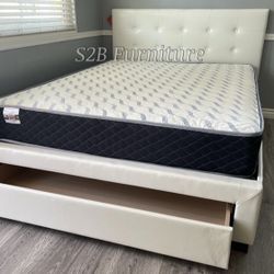 Queen Size White Button Bed W Orthopedic Mattress 
