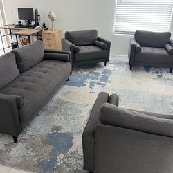Modern Grey Modular Living Room Set – Sofa, 3 Large Chairs, Glass Tables (Complete Bundle)