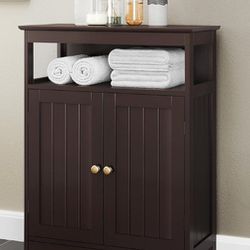 Bathroom Floor Storage Cabinet, Wooden Free Standing Storage Organizer with 2 Doors & Adjustable Shelf for Living Room, Hallway, Espresso

