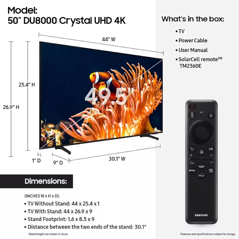 SAMSUNG TV 50-Inch Class 4K Crystal UHD DU8000 Series HDR Smart TV w/ObjectTracking