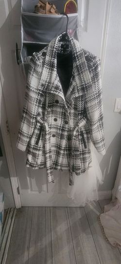 Black and White Plaid Belted Coat