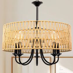 Boho Rattan Chandelier, 5-Lights Boho Light Fixture, 18.5'' Hand-Woven Drum Light Fixture