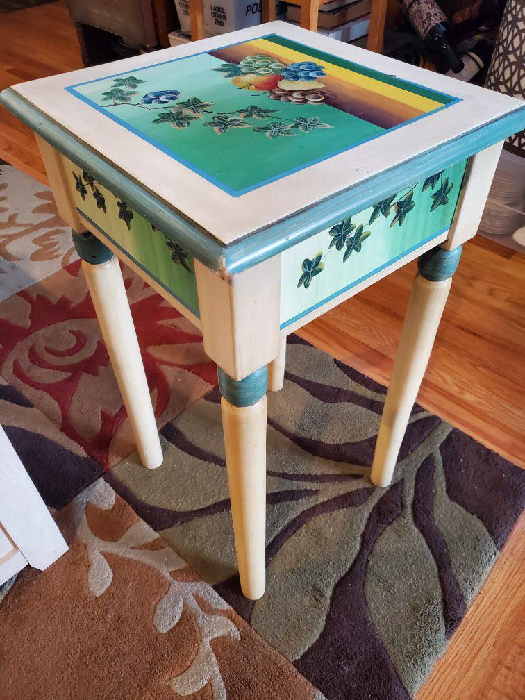 Small WOOD Table Hand Painted with One Deep Drawer