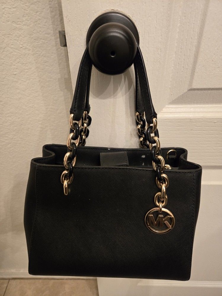 Michael Kors Medium Hamilton East West Saffiano Leather Satchel Purse BLACK /GOLD