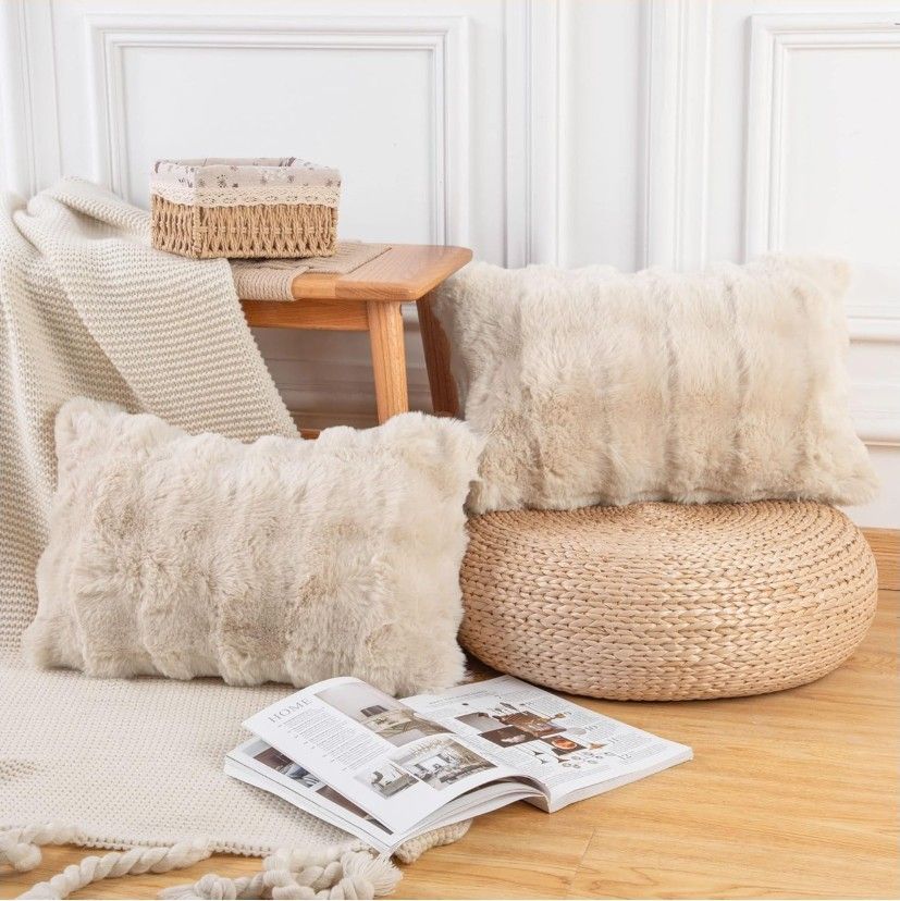 MADIZZ Pack of 2 Thick Plush Wool Throw Pillow Covers 12x20 Inch Beige Soft Neutral Decorative Throw Pillows Accent Boho Cushion Covers for Couch Sofa