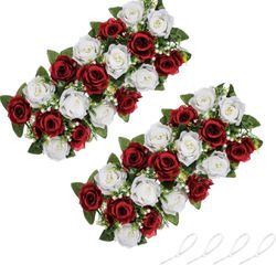 NUPTIO Artificial Flower Centerpieces for Tables - 2 Pcs Burgundy & White Flowers 19.6in Long Fake Roses Arrangements - Silk Floral Arrangement for We