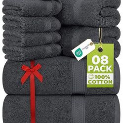 Organix 8 Piece Towel Set, 2 Bath Towels, 2 Hand Towels, 4 WashCloths, Lightweight Cotton Towels for Bathroom, Soft Absorbent and Quick Dry (Dark Grey