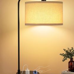 Tall Table Lamp with USB Port and Outlet, Dimmable Nightstand Bedside Lamps with Linen Lampshade, Desk Lamp for Bedroom, Living Room, Guest Room, Home