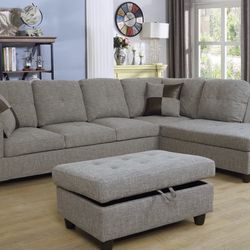 Sectional Couch w/Ottoman grey  fabric linen 