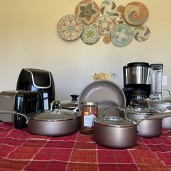 Pots & Pan Lot - Ninja Coffee Maker, Air Fryer, Toaster, Utensils, Green Pan Skillet, Cooking Network Pans