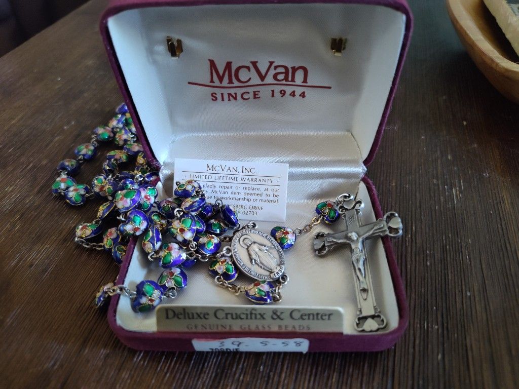 Rosary With Metal And Glass Beads In Box