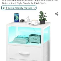 Yoobure Nightstand with Charging Station, LED Night Stand with Fabric Drawers and Storage Shelf