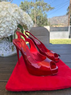 Christian Louboutin Metallic Hot Chick Slingback Platform Peep Toe Pumps – Red – Size 37.5