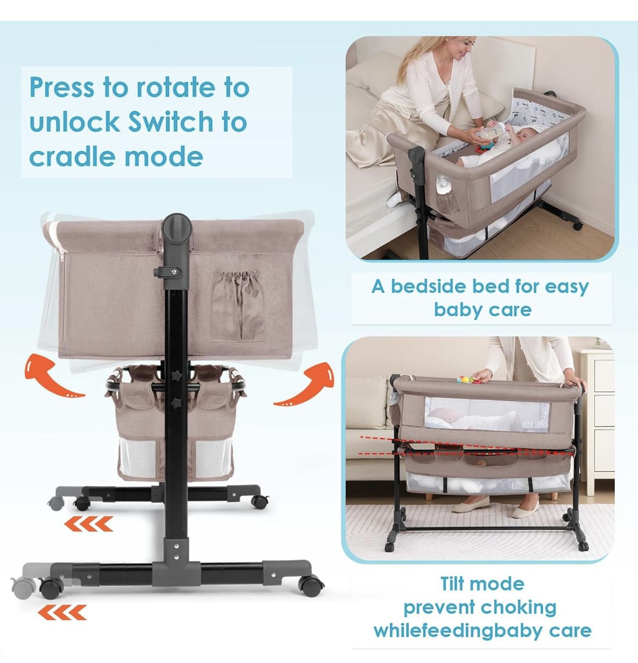 Baby Bassinet, Bedside Sleeper, Easy to Fold Portable Crib Side Bassinet  Style Girl/boy bassinets (Beige)