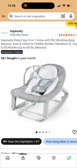 ngenuity Keep Cozy 3-in-1 Grow with Me Vibrating Baby Bouncer, Seat & Infant to Toddler Rocker, Vibrations & -Toy Bar, 0-30 Months Up to 40 lbs (Weave