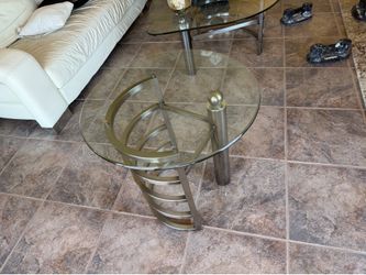 Modern Round Glass Top Side Table with Sculptural Metal Base