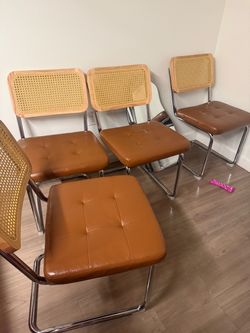 Modern dining chairs; Set of 4; Rattan & leather