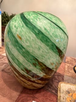 JADE GREEN/BROWN GLASS VASE 13x10”