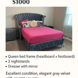 Queen Size Grey Velvet Full bedroom Set