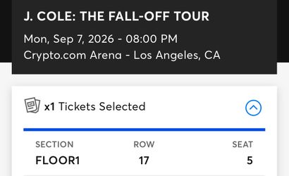 J Cole fall off ticket sept 7 floor 1 row 17 seat 5