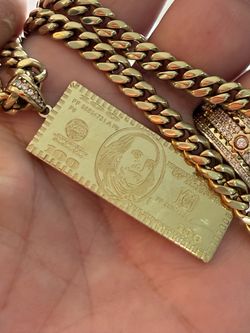 Gold Cuban Link Chain with $100 Bill Pendant