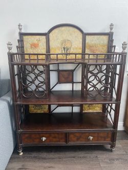 Vintage Safari / Animal Themed Rattan & Wood Shelving Unit with Drawers