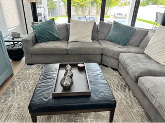 Crate and Barrel navy leather topped table/ ottoman