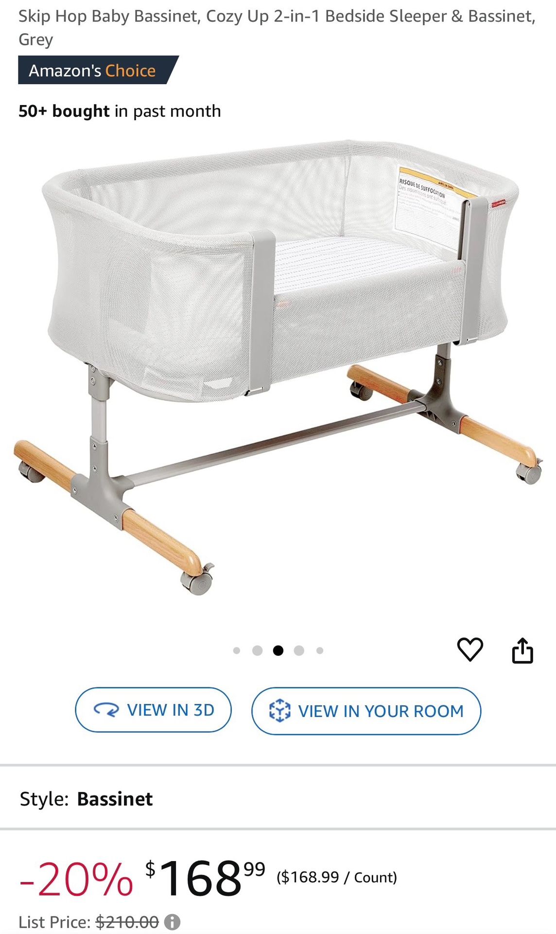 Skip Hop Baby Bassinet, Cozy Up 2-in-1 Bedside Sleeper & Bassinet
