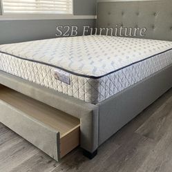 Full grey tufted bed with ortho mattress included