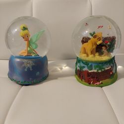 Vintage Lot of 2 Enesco Disney Waterballs Snowglobes Tinker Bell & Simba w Timon