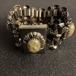 Vintage Silver Tone Faux Pearl Eggshell White Cabochon Panel Bracelet Hinged Clip