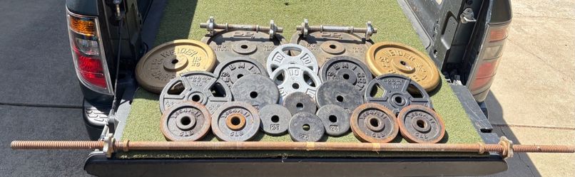 Complete Standard 1” weight set 248lbs+barbell+adjustable dumbbells