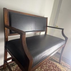 Pool Table Bench w/ Drink & Cue Holders – Black Leather, Wood Frame