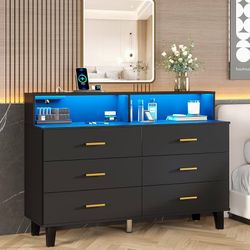6-Drawer Dresser with LED Light and Power Outlet, Black Wooden Dressers for Bedroom and Chest of Drawers, Large Double Dressers for Bedroom, 