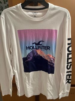 Hollister White Long Sleeve Tee with Pink-Purple-Blue Mountain Graphic