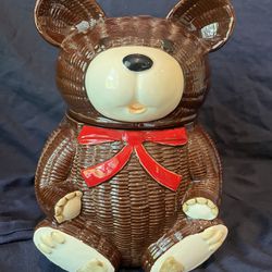 Vintage Otagiri Teddy Bear Cookie Jar 1979 Basket Weave Made in Japan