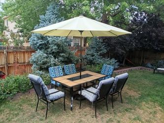 Outdoor Patio Furniture Set Umbrella 88" tall Table 6 Chairs w Cushions