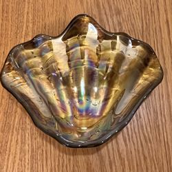 Iridescent Gold Glitter Sea Shell Trinket Glass Dish Swarovski Crystal Accent