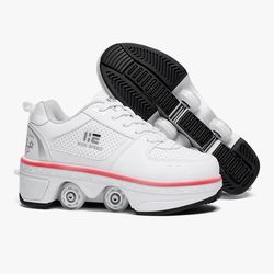 2-in-1 Roller Skates Shoes with Retractable 4 Wheels & Pop-Out Deformation Sneakers Outdoor Sports Skating Shoes for Girls Boys