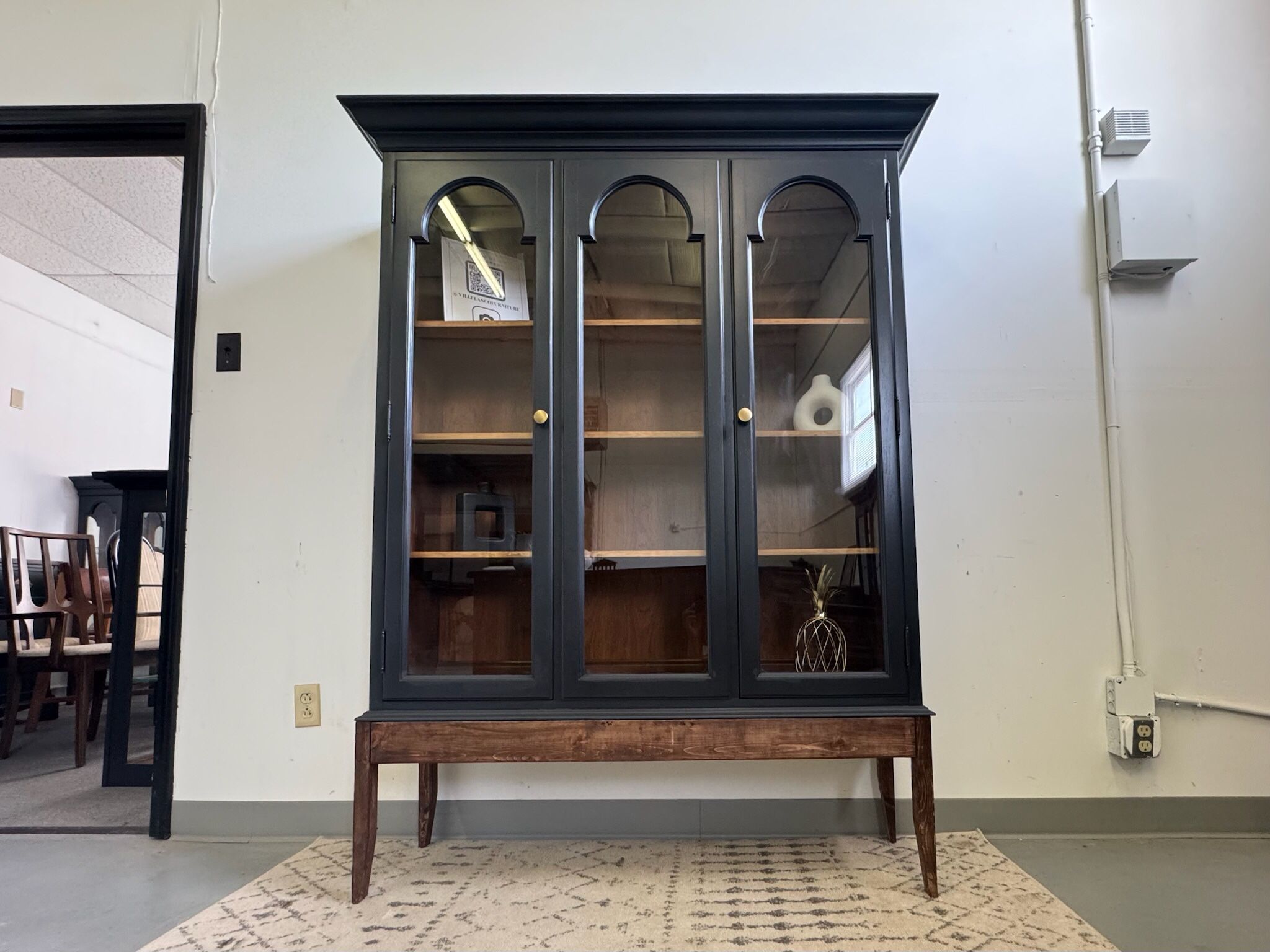 Black Hutch with Arched Doors and Wood Base (Delivery Available)