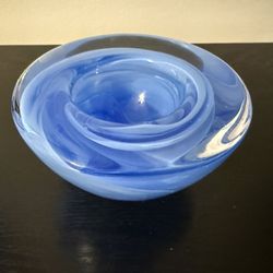 Vintage Kosta Boda Sweden Atoll Votive Swirl Blue White Glass Bowl