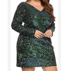 Plus Size Glitter V-Neck Long Sleeve Bodycon Sequin Cocktail Party Club Sparkly Evening