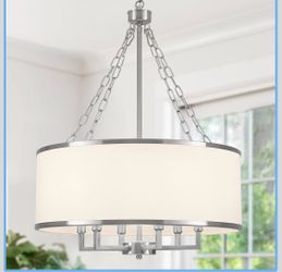 Brand New 20'' Drum Chandeliers, 6-Light Modern Brushed Nickel Chandeliers for Dining Room with White Fabric Shade Large Round Pendant Light Fixture f