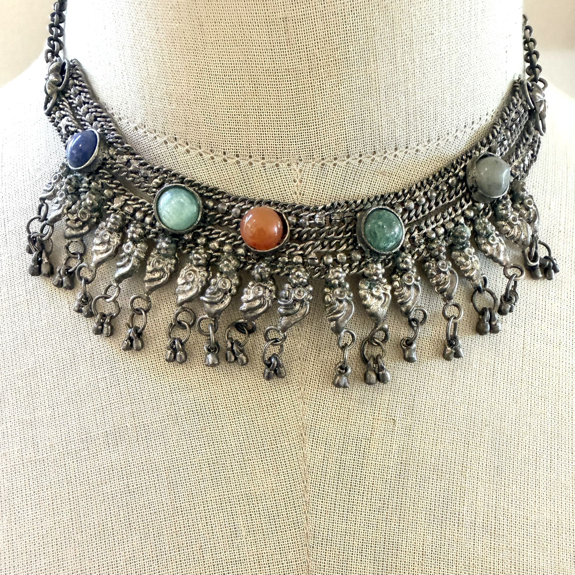 Vintage Tribal Kuchi Choker with Multi-Stone Cabochons