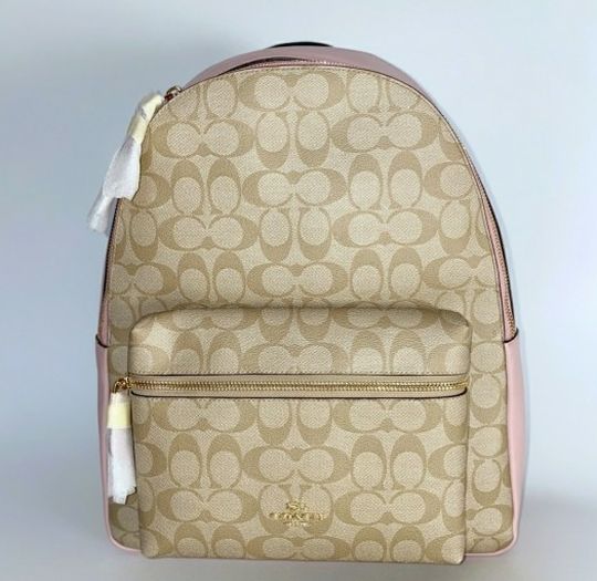 Coach Backpack Khaki & Pink Canvas Bag Large