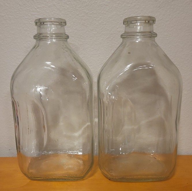 Two Vintage 1/2 Gallon Milk Bottles - Clear Glass