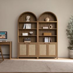 Set Of 2, Arch 84.2" Tall Bookcase 5 Tier Large Bookshelves with Doors Storage Rattan Boho Wide Book Shelves Case for Living Room Kitchen Office Bedro