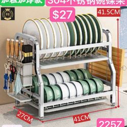 304 stainless steel dish drain rack kitchen rack countertop household bowl rack double layer bowl and chopstick storage rack