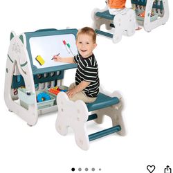 Costzon 3 in 1 Kids Art Easel, Double-Sided Magnetic Dry Erase Board and Kids Book Rack with Chair and Foldable Desktop, Adjustable Standing Easel wit